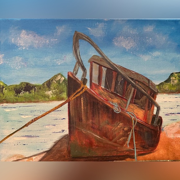 hand painted Other - Nautical Charm Canvas Art with Rustic Boat Painting